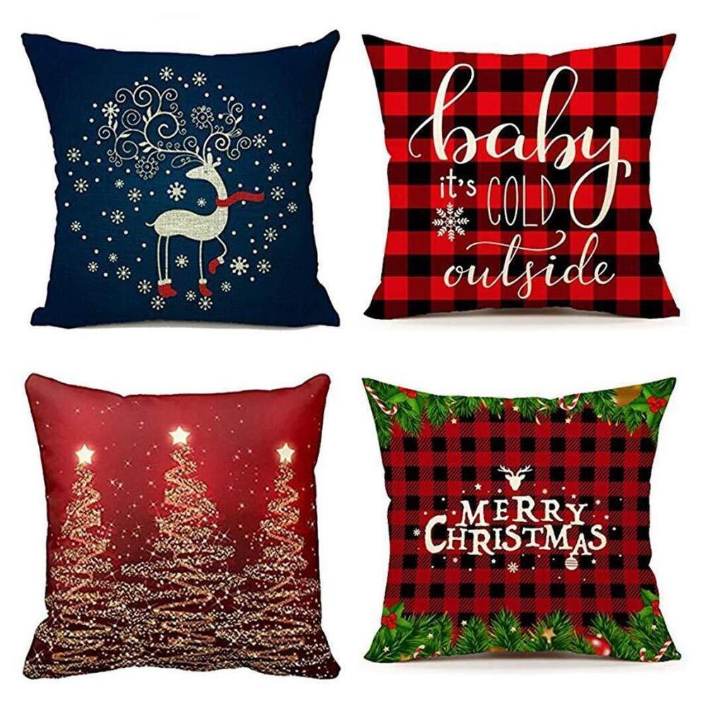 5434 Set of 4 Throw Pillow Covers Christmas Red Plaids Blue Deer 31 Hot